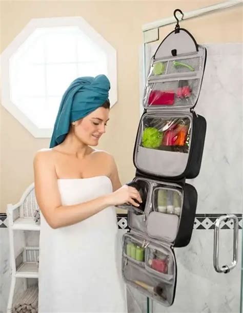 women's toiletry bag hanging.